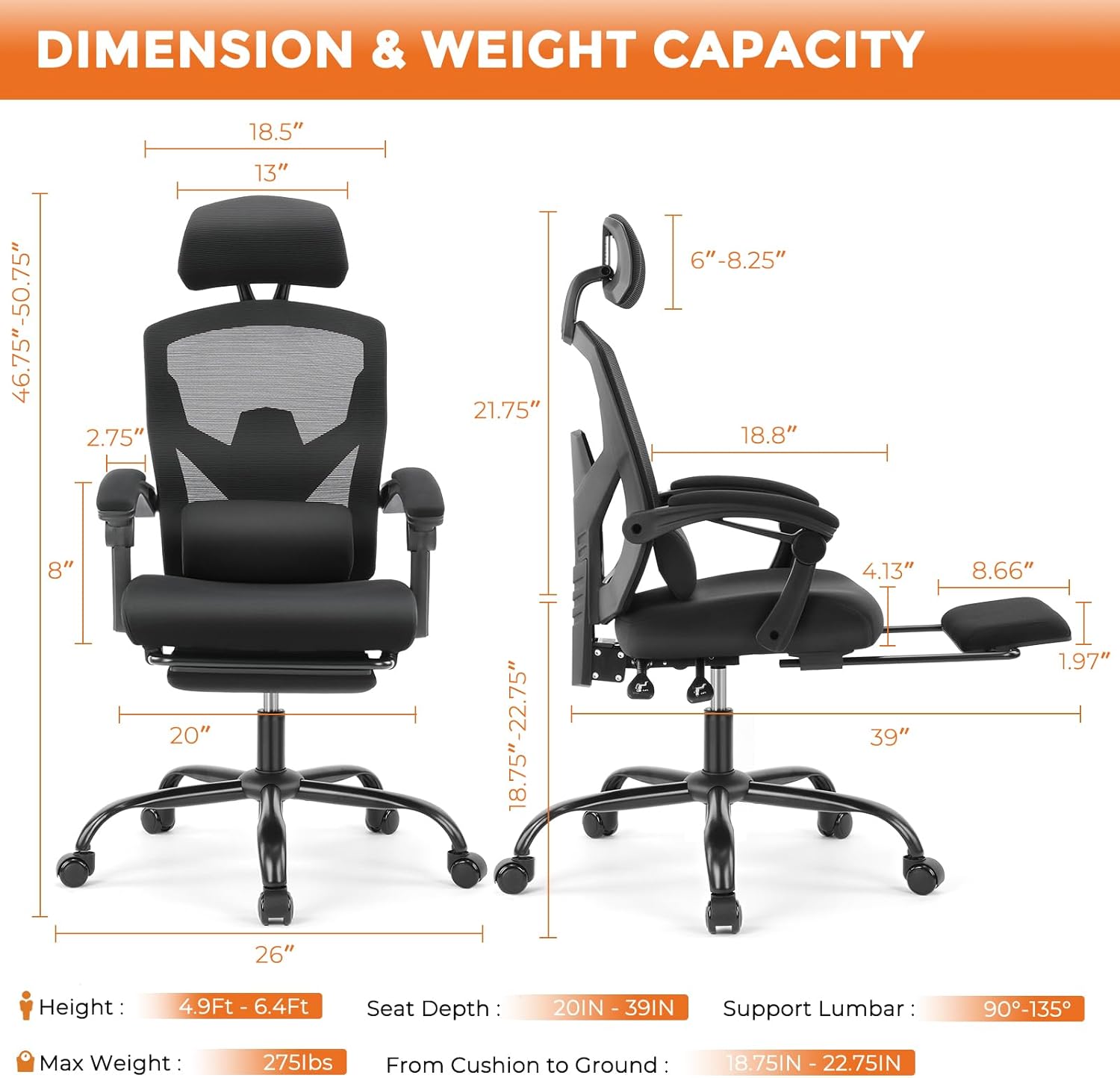 Office Computer Desk Chair, Ergonomic High-Back Mesh Rolling Work Swivel Chairs with Wheels, Comfortable Lumbar Support, Comfy Arms for Home, Bedroom, Study, Student, Black