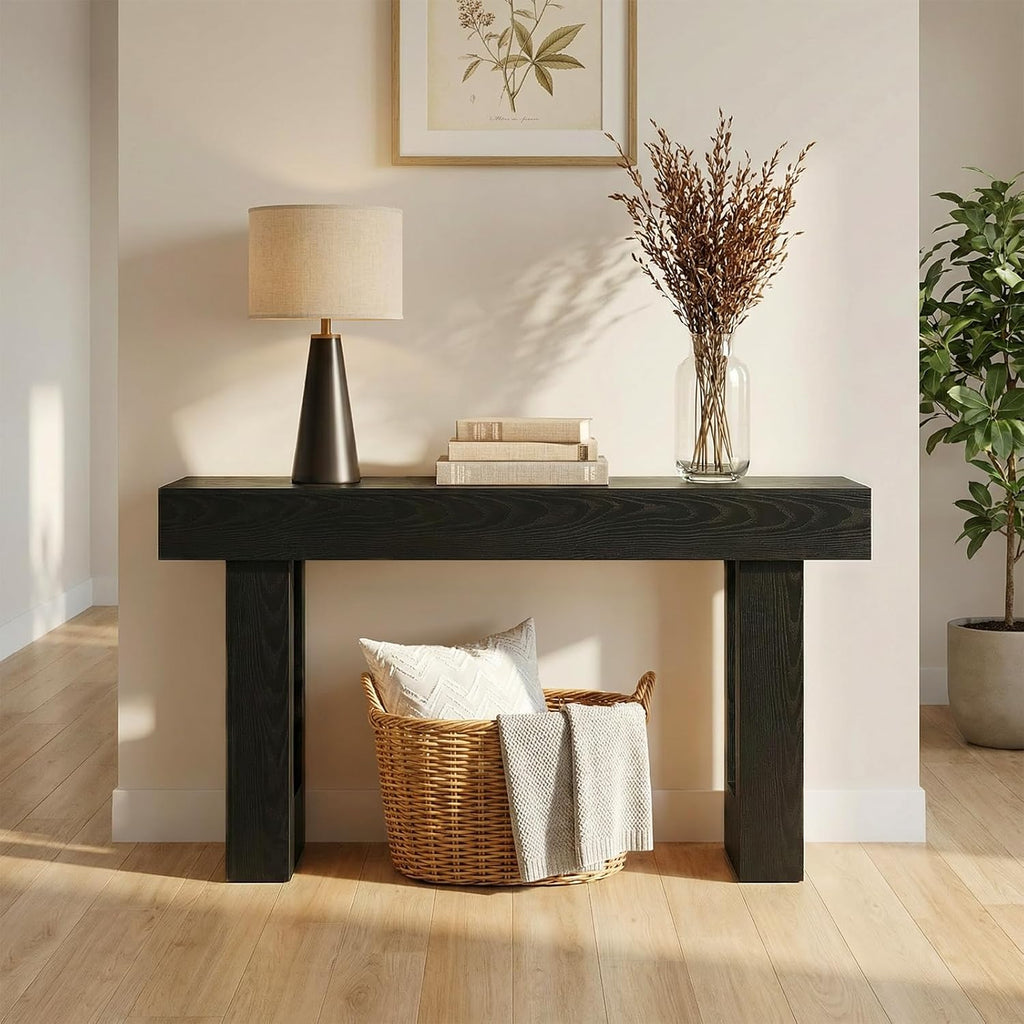63-Inch Narrow Console Table, Sturdy Wooden Entryway Table with 5.9 Thick Top, Heavy Duty 155lbs Capacity, Space-Saving Sofa Table for Living Room, Hallway, Entrance, Foyer, Black