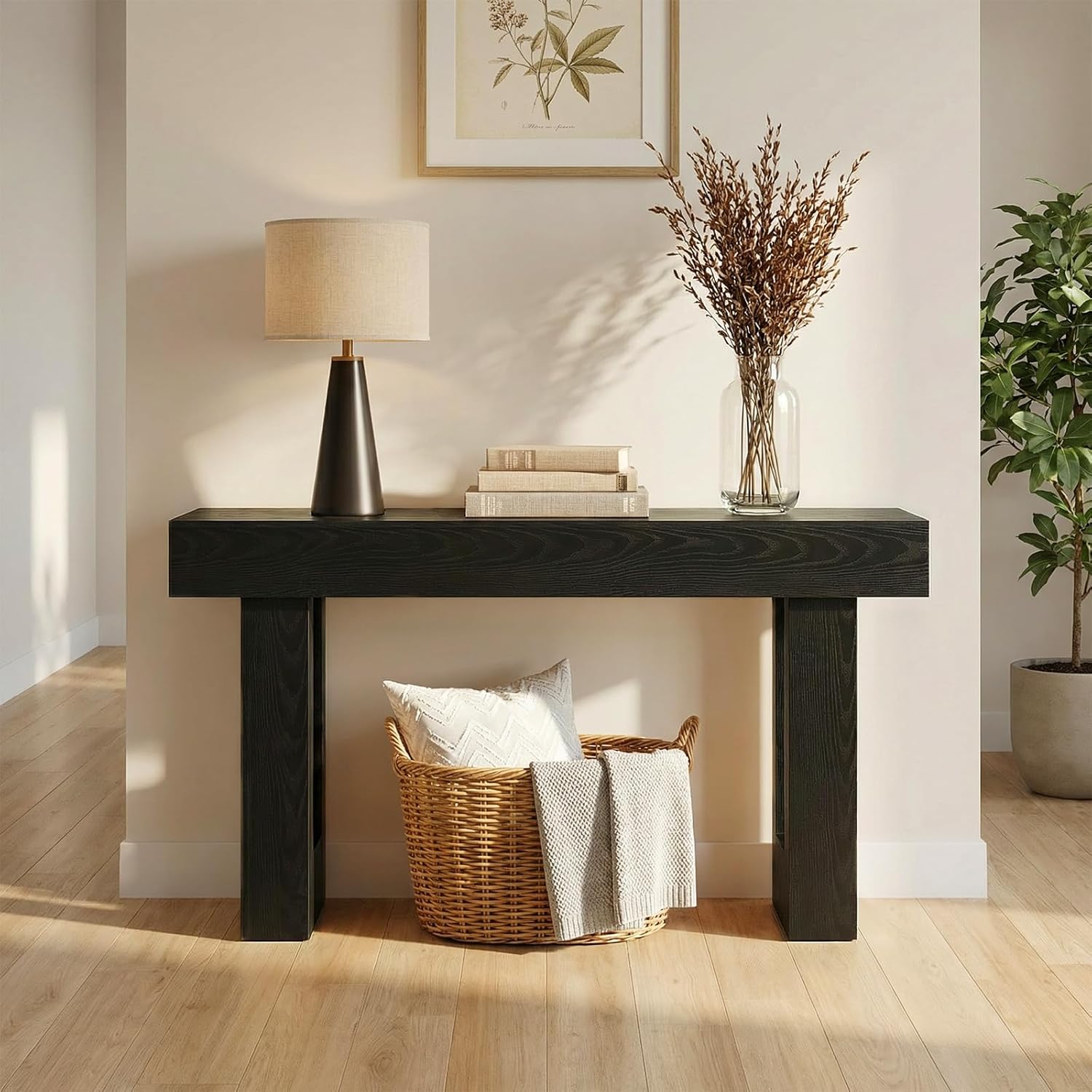63-Inch Narrow Console Table, Sturdy Wooden Entryway Table with 5.9 Thick Top, Heavy Duty 155lbs Capacity, Space-Saving Sofa Table for Living Room, Hallway, Entrance, Foyer, Black