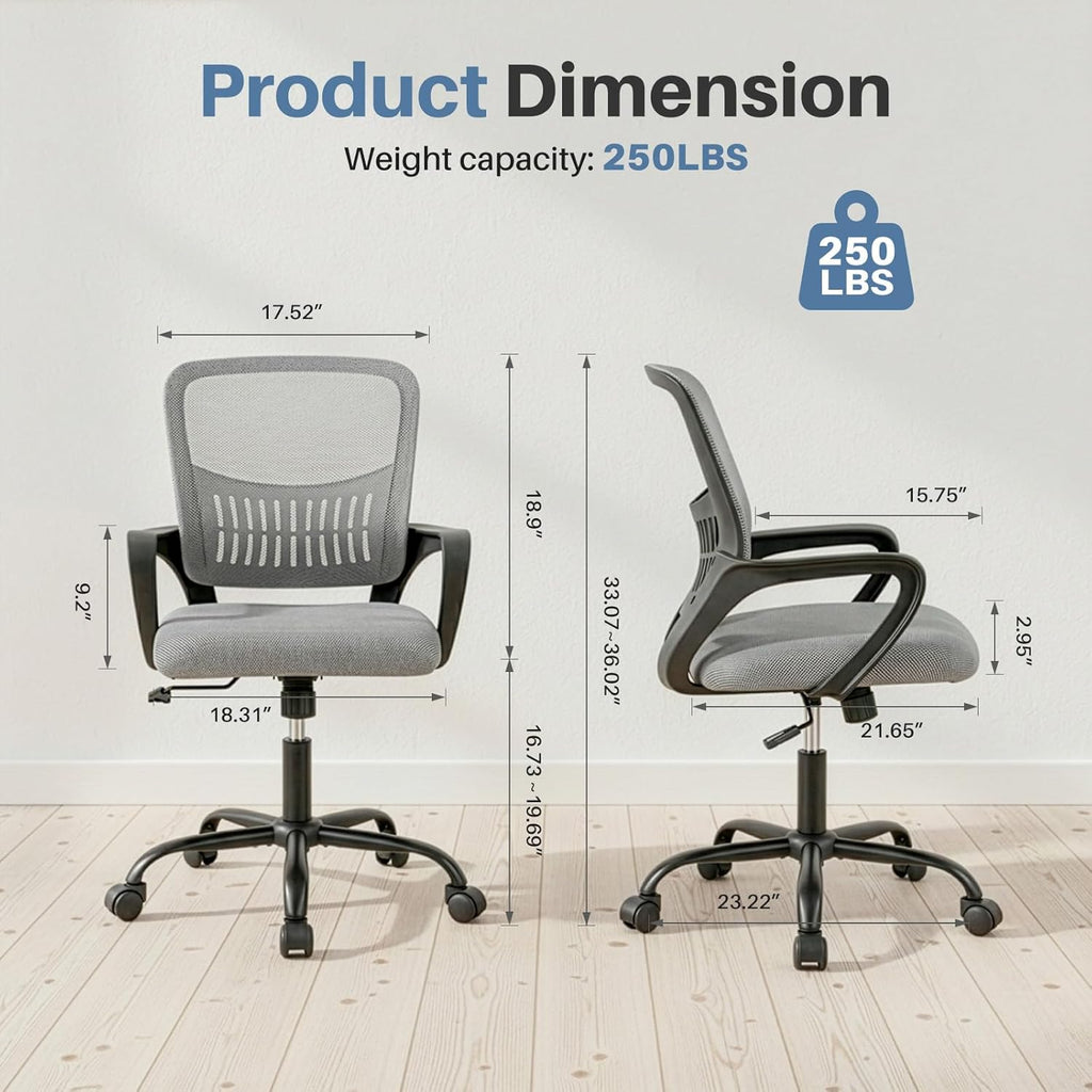 Home Office Chair - Ergonomic Mid Back Mesh Desk Chair with Lumbar Support & Rocking Mode, Height Adjustable, Fixed Armrest, for Conference, Computer, 360?? Swivel, Adults, Grey