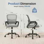 Home Office Chair - Ergonomic Mid Back Mesh Desk Chair with Lumbar Support & Rocking Mode, Height Adjustable, Fixed Armrest, for Conference, Computer, 360?? Swivel, Adults, Grey