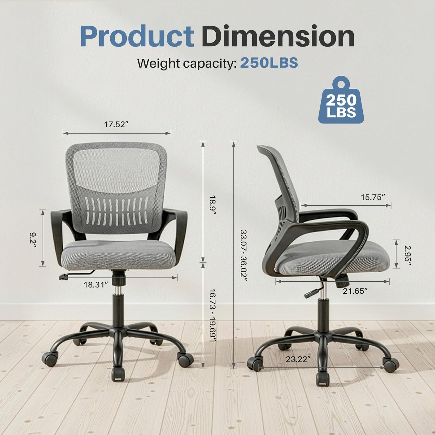 Home Office Chair - Ergonomic Mid Back Mesh Desk Chair with Lumbar Support & Rocking Mode, Height Adjustable, Fixed Armrest, for Conference, Computer, 360?? Swivel, Adults, Grey