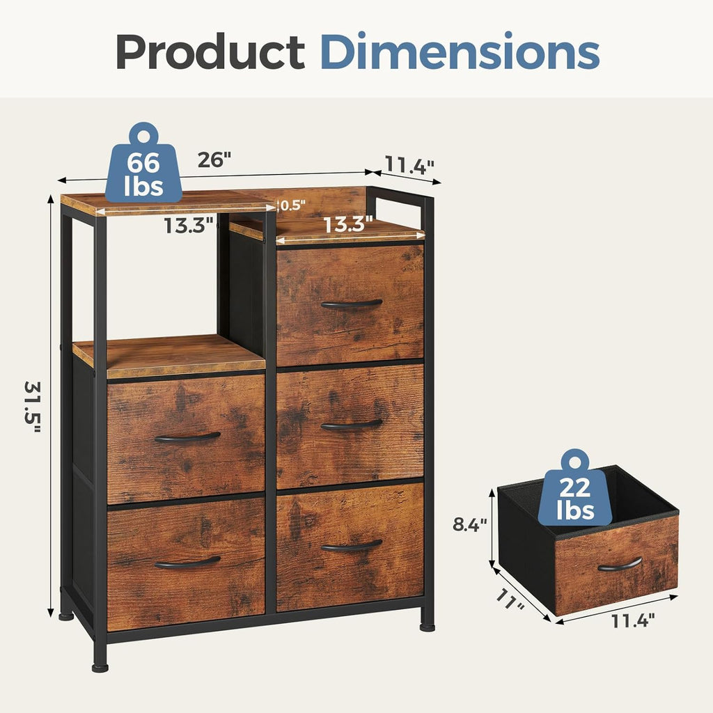 5 Drawer Fabric Dresser with Side Cabinet & Open Shelf, Storage Organizer Tower with Raised Top, Chest of Drawers for Bedroom, Closet, Hallway, Entryway & Living Room, Rustic Brown