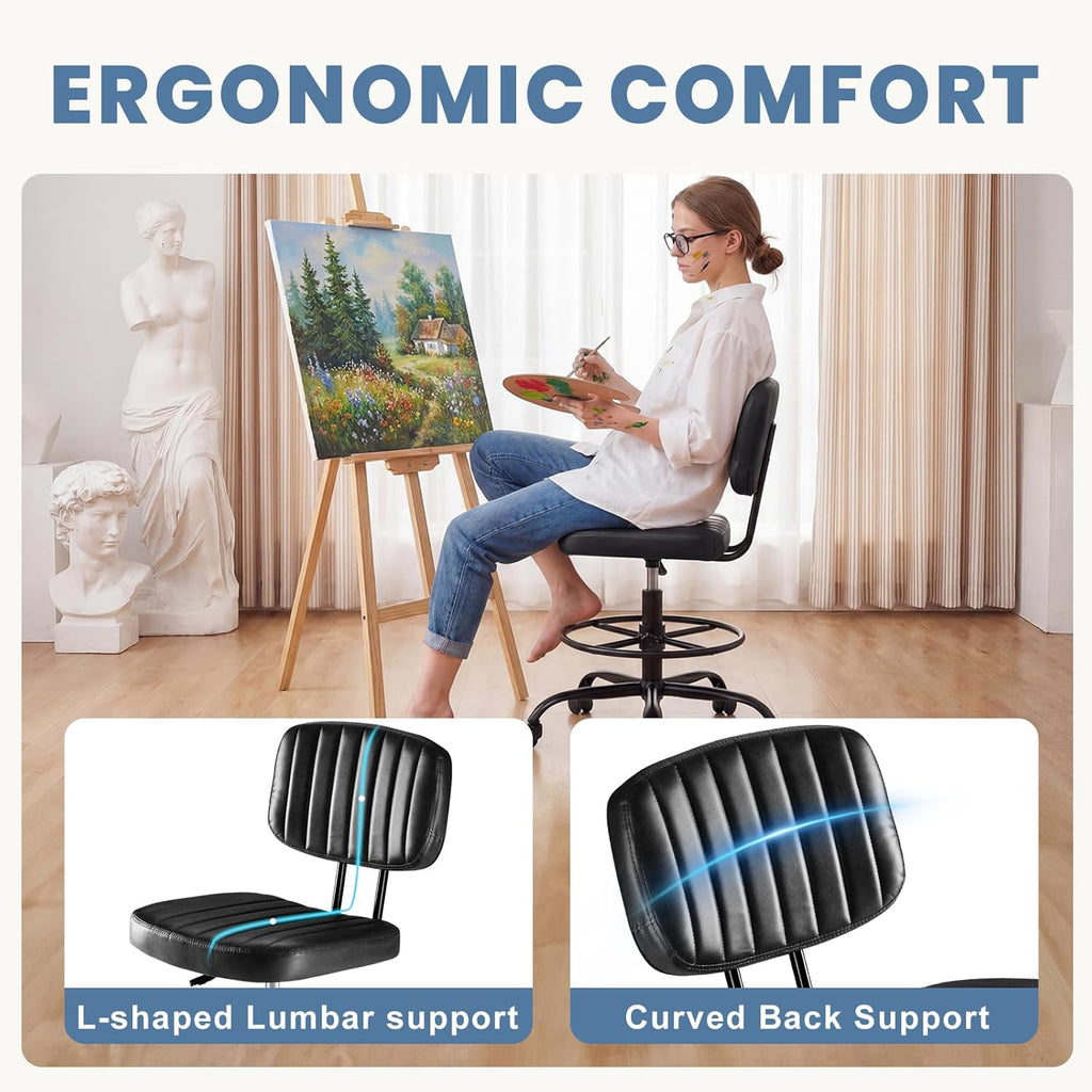 Armless Drafting Chair, Low Back Office Seat with Adjustable Footrest Ring for Standing Desk, Ergonomic PU Leather Office Seating, Swivel Rolling High Stool for Studio, Lab, Counter, Black