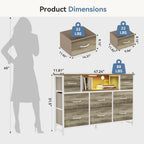TV Stand Dresser with 8 Fabric Drawers and Open Shelves, LED Entertainment Center with Charging Station, Wood Top Media Console for 45-55 inch, Bedroom, Greige Oak