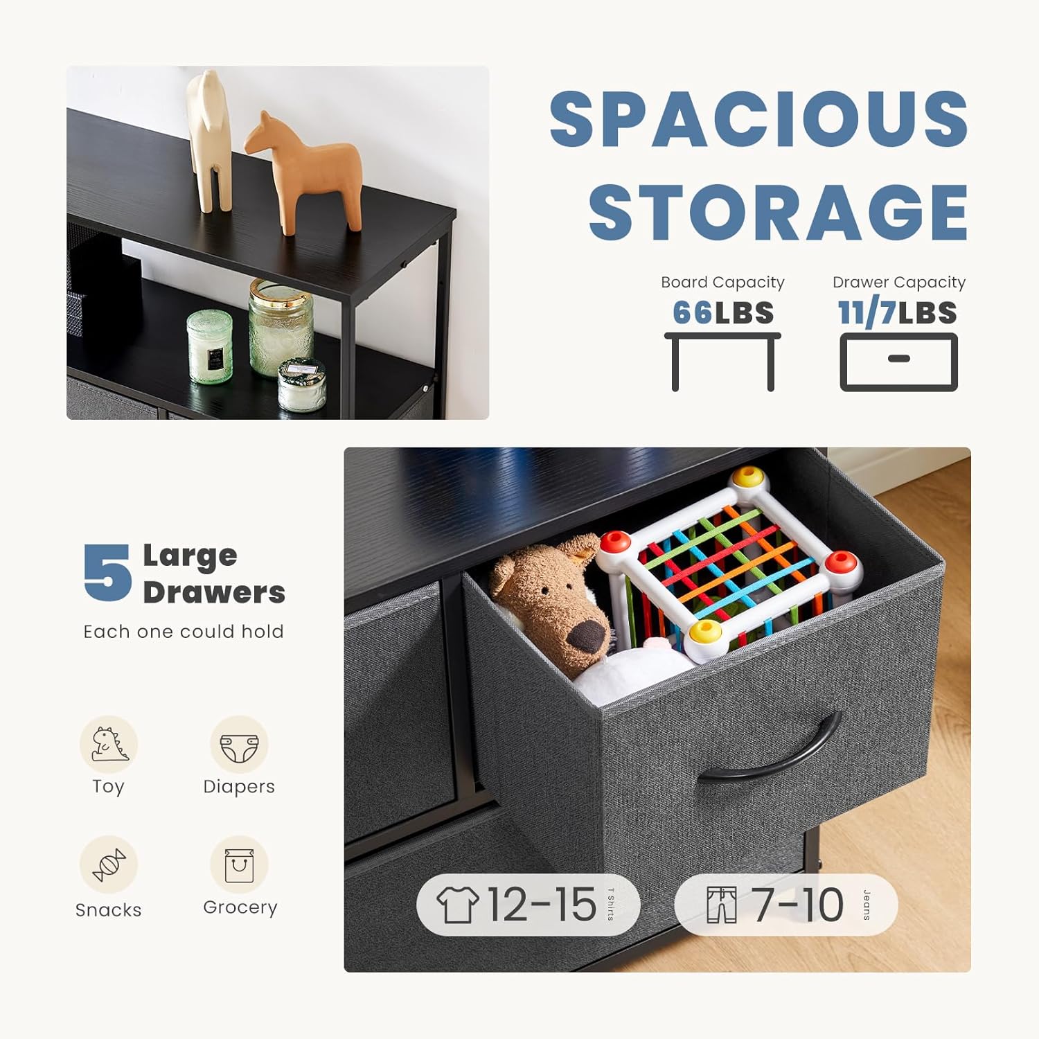 TV Stand, Dresser with 5 Fabric Storage Drawers, Media Console Featuring Open Shelf for TV, Compact Entertainment Unit for Bedroom, Living Space, or Dorm Organization, Grey