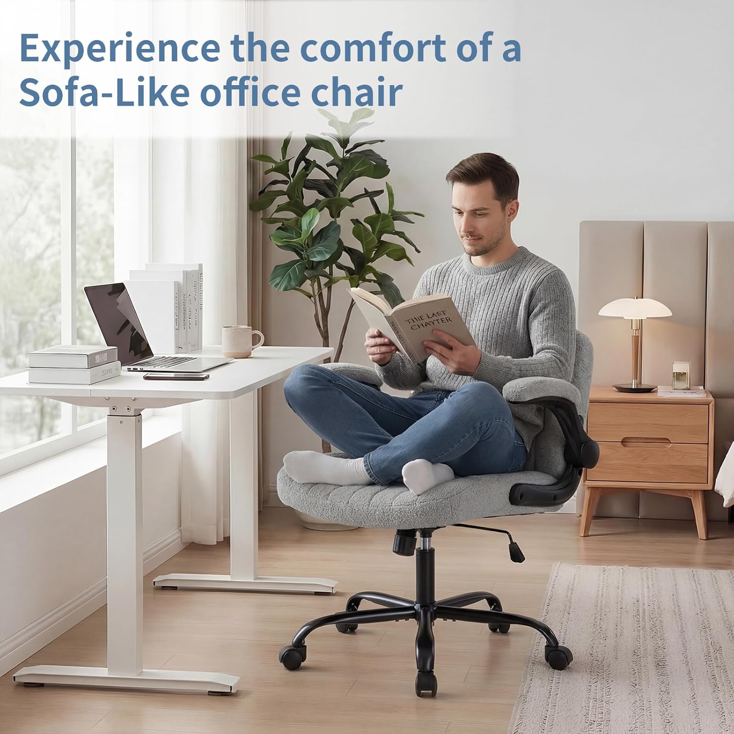 Criss Cross Office Chair with Wheels, Wide Cross Legged Desk Vanity Chair Comfy Fabric Flip-Arms Adjustable Swivel Chairs for Home Computer Bedroom, Grey