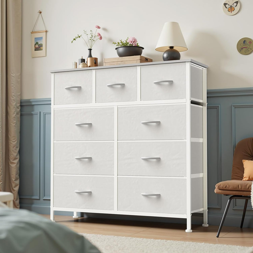 9 Drawer Dresser for Bedroom, Fabric Storage Organizer with Sturdy Metal Frame, Wooden Top Chest of Drawers for Closet Entryway Guest Room,White