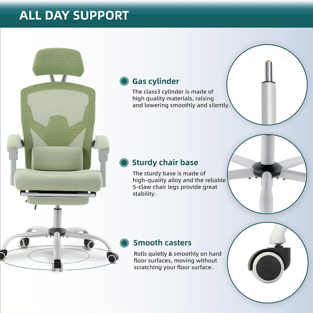 Home Office Desk Chair with Footrest, High-Back Mesh Rolling Swivel Reclining Chairs with Wheels, Comfortable Headrest, Lumbar Support, Comfy Arms for Home, Office, Gaming, Elegant Green