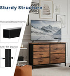 TV Stand for Bedroom with 5 Storage Drawers, Fabric Chest of Drawers with Metal Frame, Living Room Storage Organizers Units for Books, TV Stand and Hallway, Rust