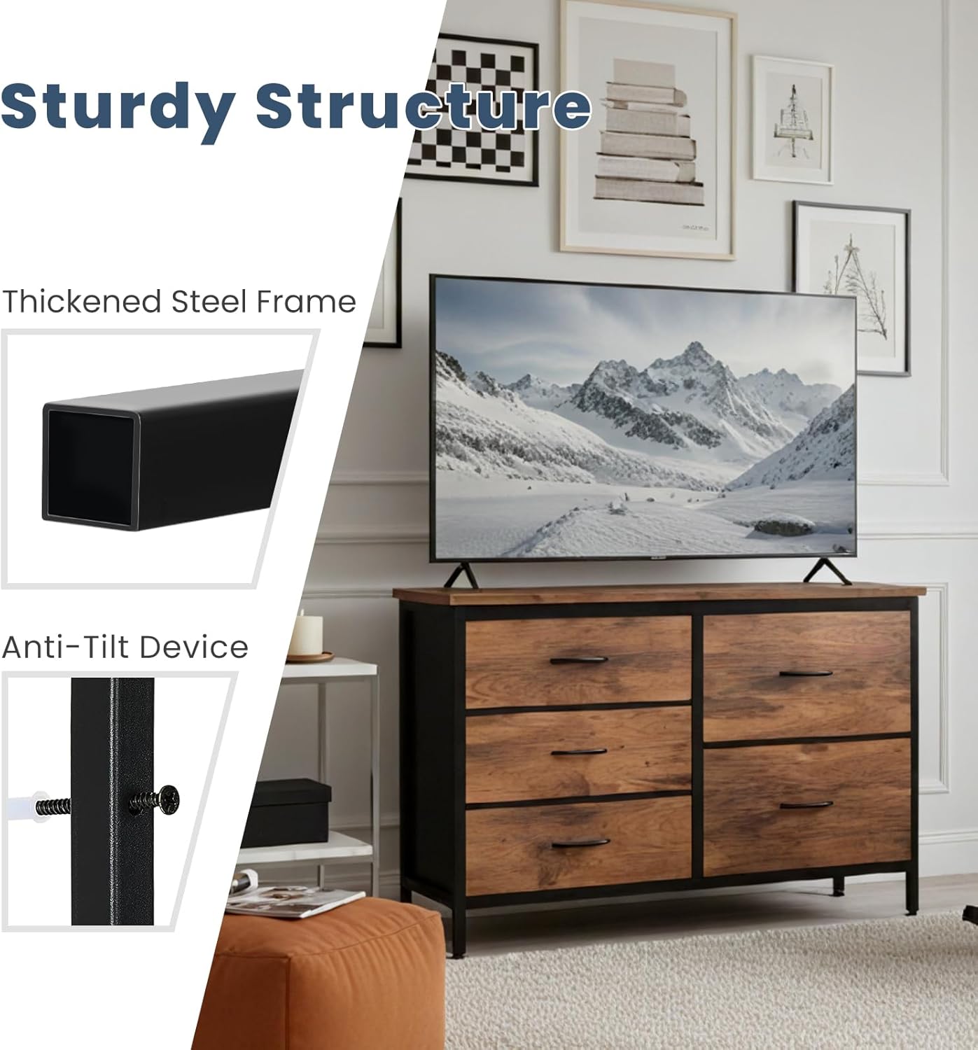 TV Stand for Bedroom with 5 Storage Drawers, Fabric Chest of Drawers with Metal Frame, Living Room Storage Organizers Units for Books, TV Stand and Hallway, Rust