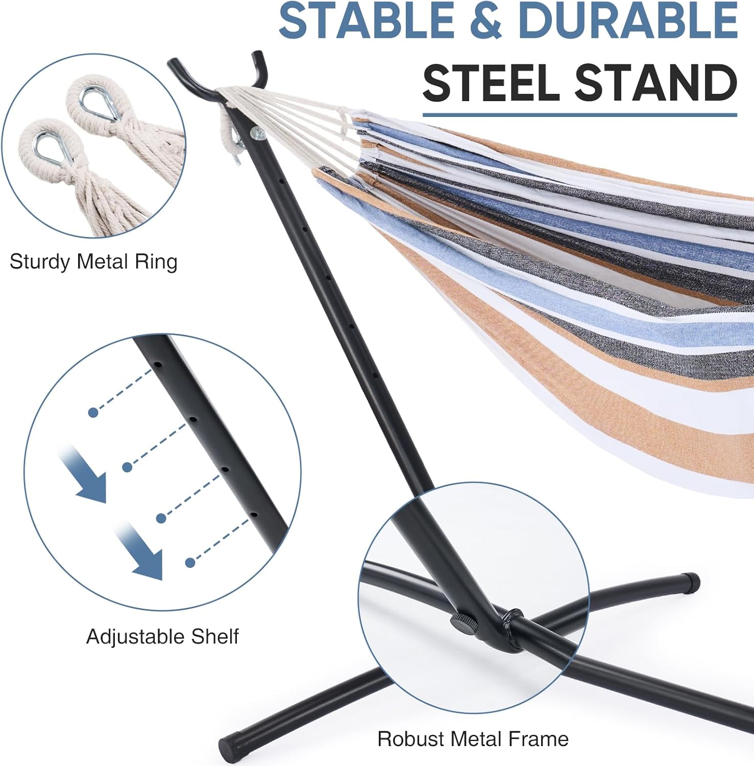 Double Hammock with Space Saving Stand, Heavy Duty Steel Frame, Portable for Outside & Indoor Use, 450lbs Capacity, Easy Assembly, Carrying Bag Included, Beige