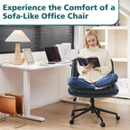 Criss Cross Chair with Wheels Wide Cross Legged Office Desk Vanity Chair Comfy Fabric Armless Adjustable Swivel for Home Computer Task PU Black
