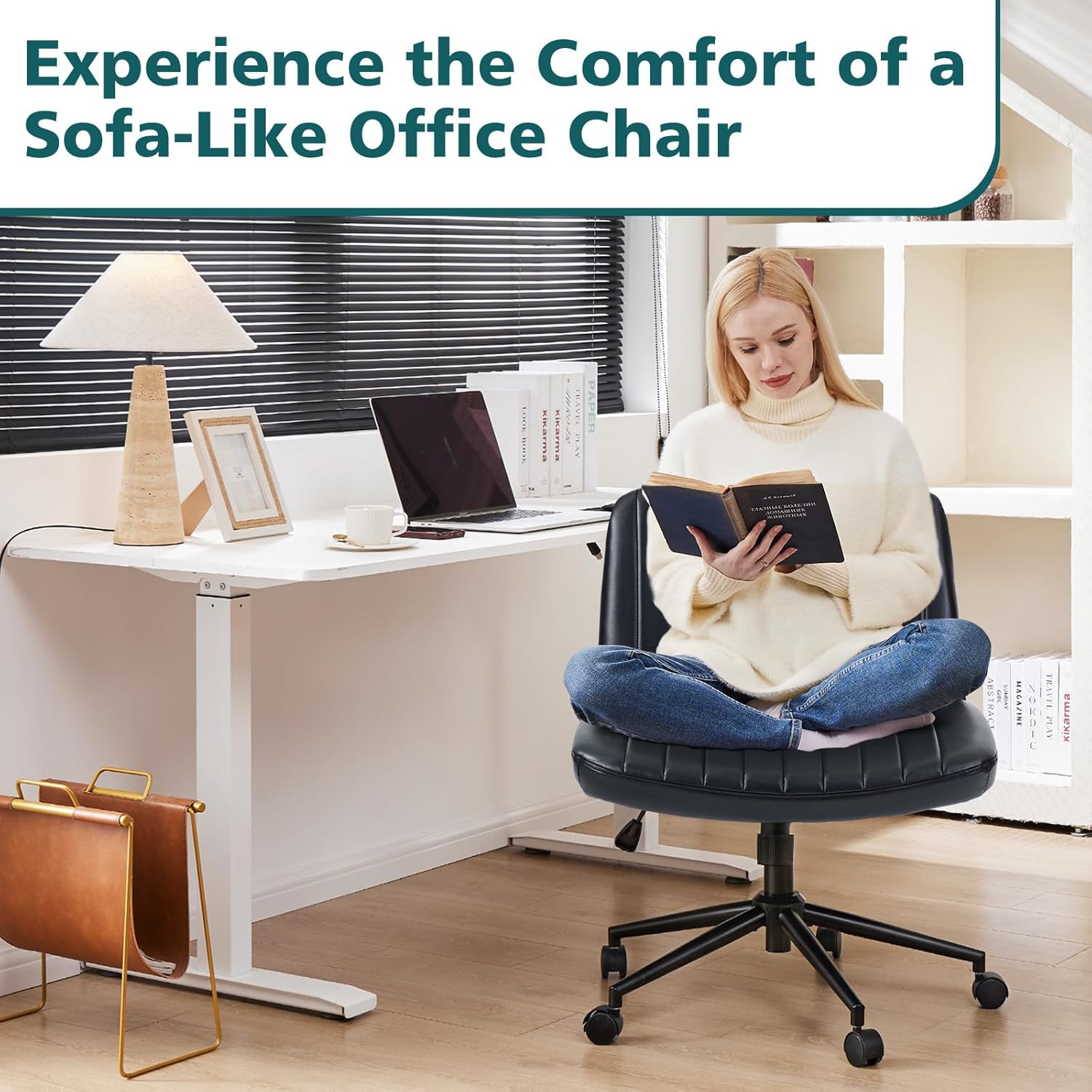 Criss Cross Chair with Wheels Wide Cross Legged Office Desk Vanity Chair Comfy Fabric Armless Adjustable Swivel for Home Computer Task PU Black