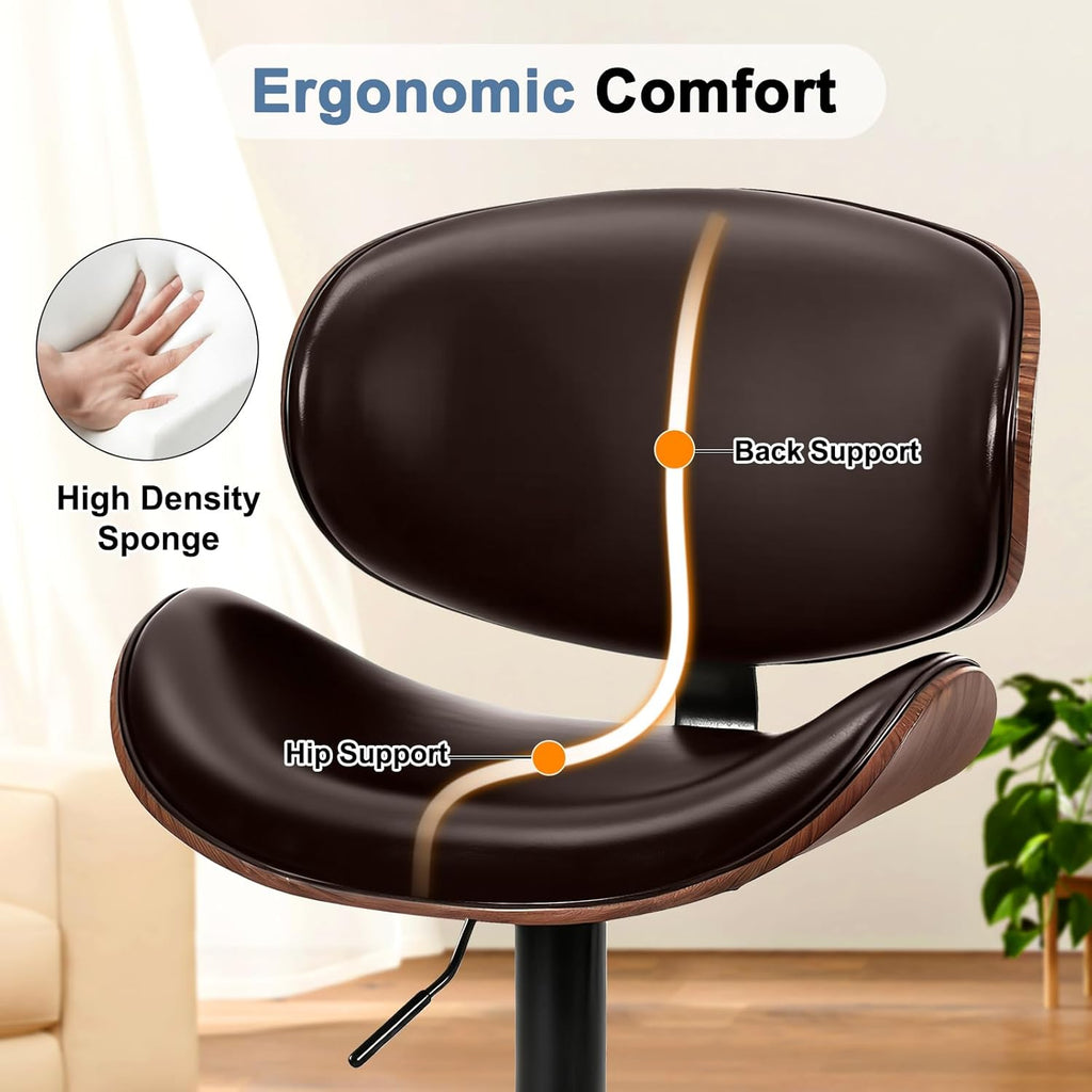Swivel Bar Stools Set of 2, Adjustable Counter Height Bentwood BarStools, PU Leather Upholstery Bar Chair with Ergonomic Back and Footrest, Counter Stools for Bar, Home Kitchen Island, Brown