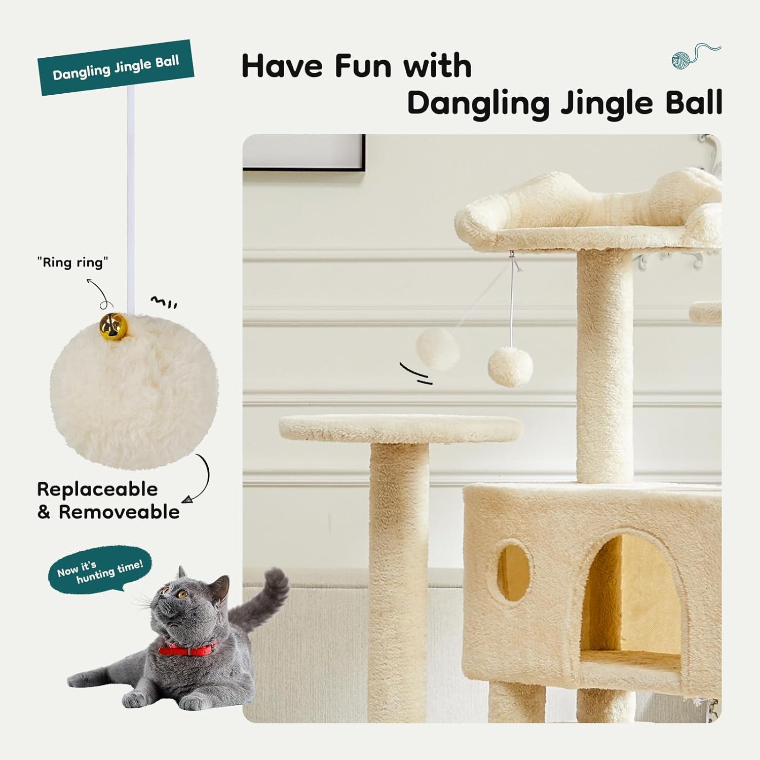 54-inch Indoor Cat Tree Tower ?CMulti-Level Pet House for Large Cats with 2 Condos, Scratching Posts, Round Platform, Small Ladder, and Toys, Beige