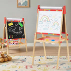 Kids Easel Set with Paper Roll, Adjustable Height Double-Sided Magnetic Chalkboard & Whiteboard Art Station for Ages 3+, Dry Erase Board, Gift for Girls and Boys, Red
