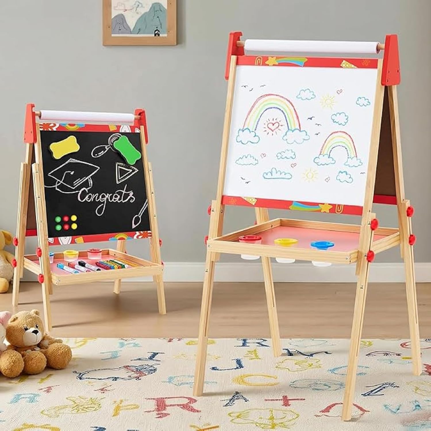 Kids Easel Set with Paper Roll, Adjustable Height Double-Sided Magnetic Chalkboard & Whiteboard Art Station for Ages 3+, Dry Erase Board, Gift for Girls and Boys, Red