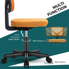 Armless Desk Chairs Set of 2, Ergonomic Adjustable Home Office Swivel Rolling Task Chair No Arms, Comfy Mesh Mid Back Computer Work Vanity Desk Chiars with Wheels for Small Spaces, New Orange