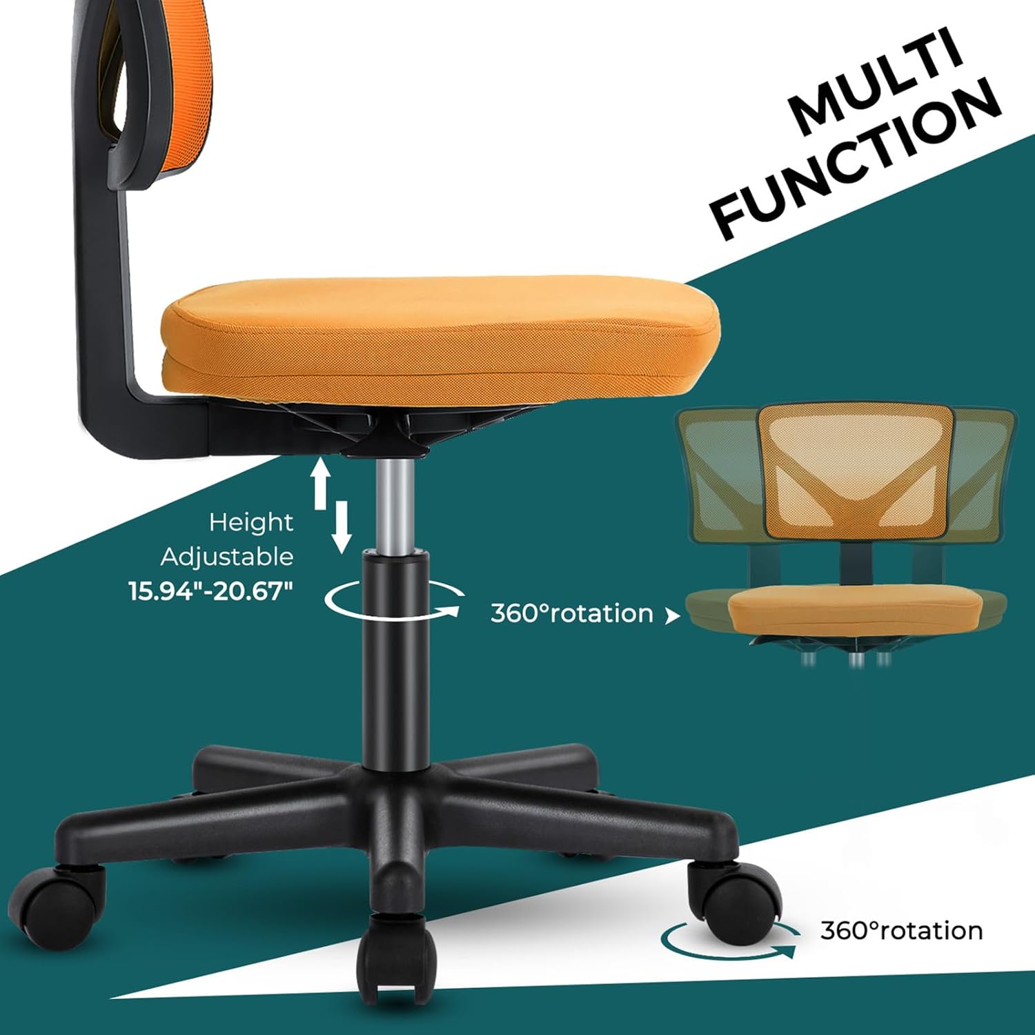 Armless Desk Chairs Set of 2, Ergonomic Adjustable Home Office Swivel Rolling Task Chair No Arms, Comfy Mesh Mid Back Computer Work Vanity Desk Chiars with Wheels for Small Spaces, New Orange