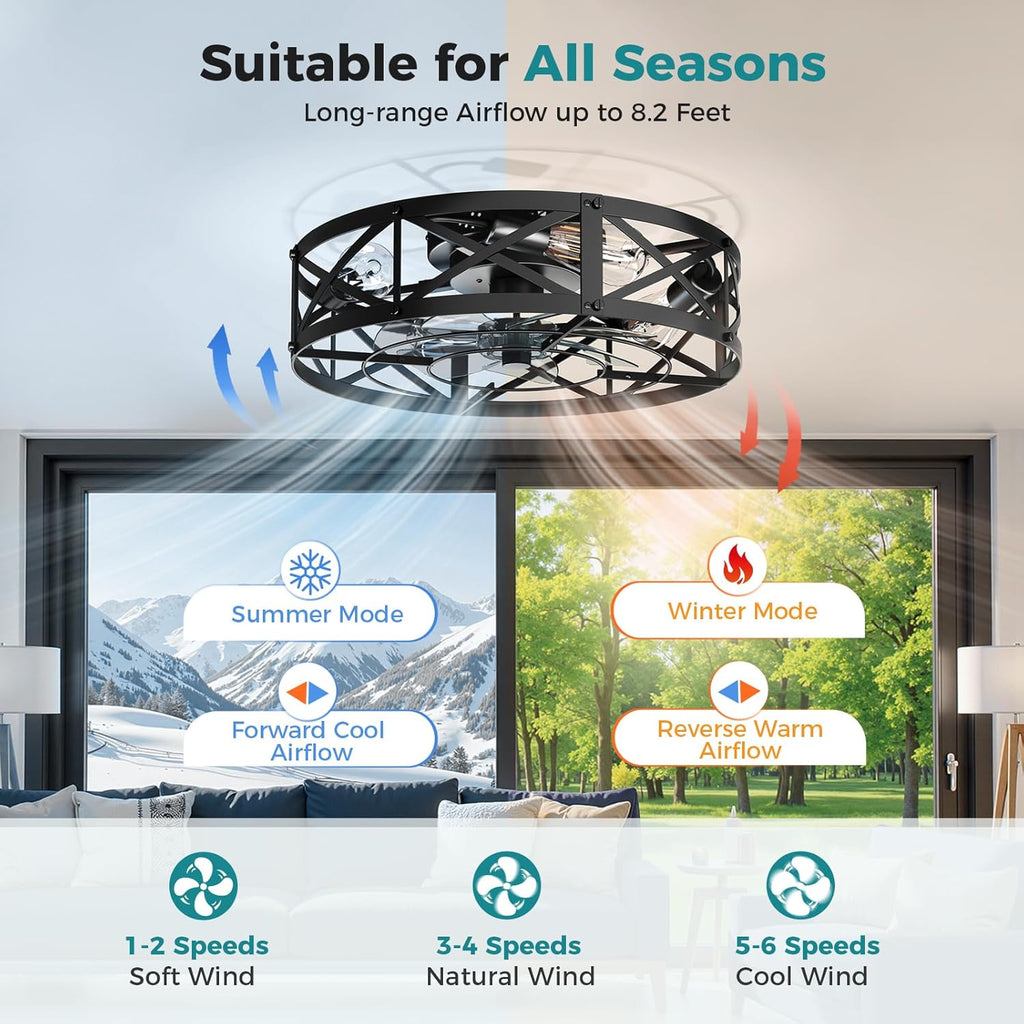 Ceiling Fans with Remote, Farmhouse Ceiling Fan, 22 Inch Low Profile Caged Fandelier, Flush Mount with 6 Wind Speeds, for Bedroom, Kitchen, Living Room, Bulbs Not Included, Black