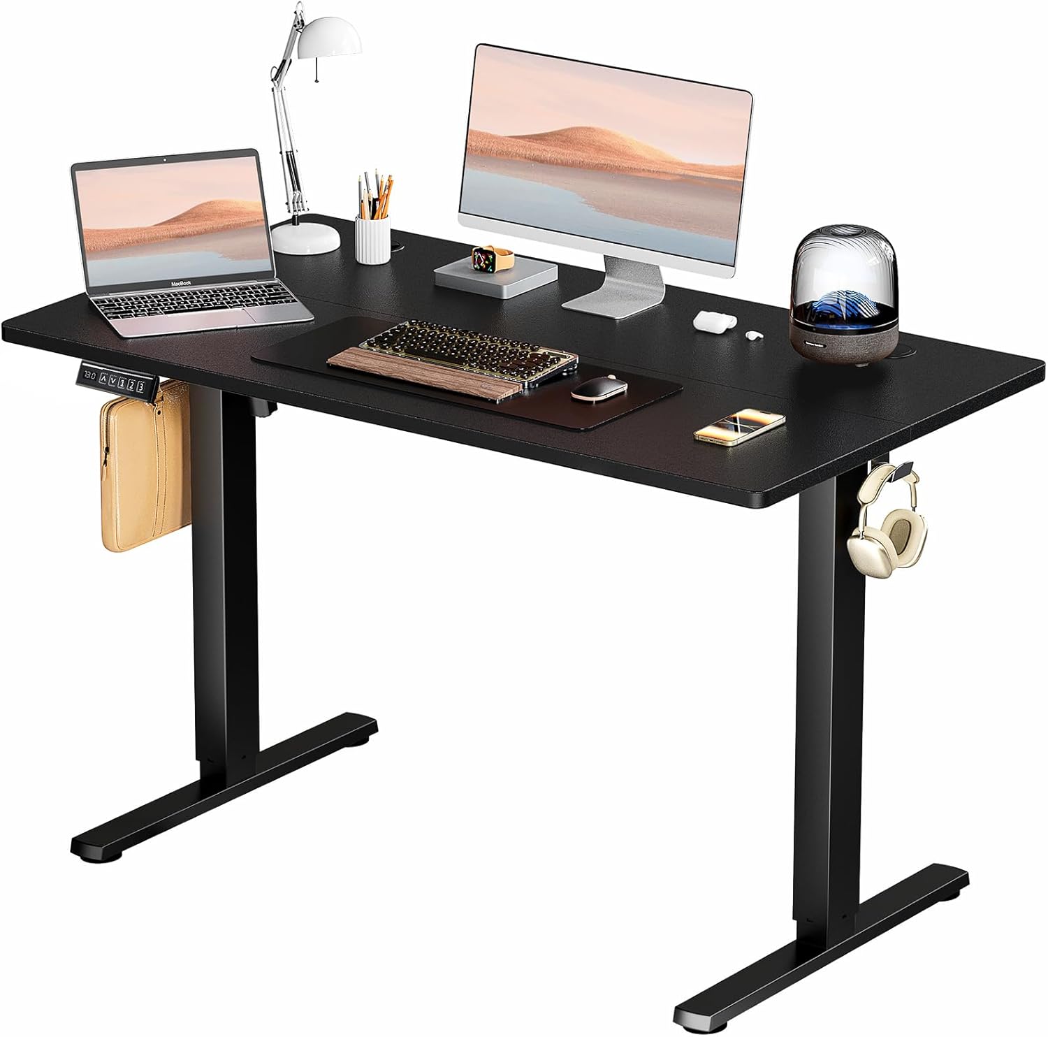 Electric Standing Desk Adjustable Height, 48x24 Inch Sit Stand Up Home Office Desks Memory Computer Workstation PC Work Table with Preset Splice Wood Board Metal Frame, Rustic