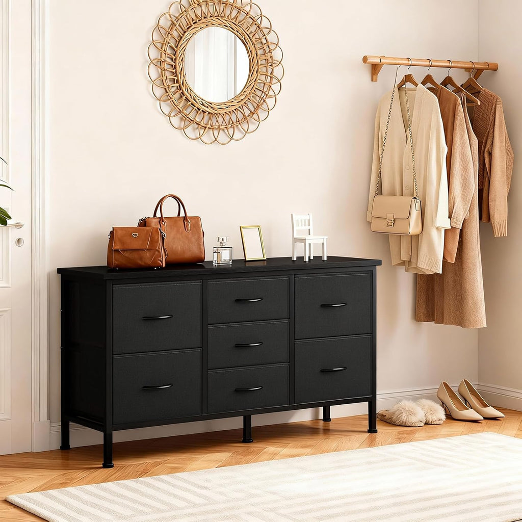 TV Stand 7 Drawer Dresser for Bedroom with Storage TV Stands for Living Room Black, Farmhouse Entertainment Center Media Console Table with Metal Frame Adjustable Feet
