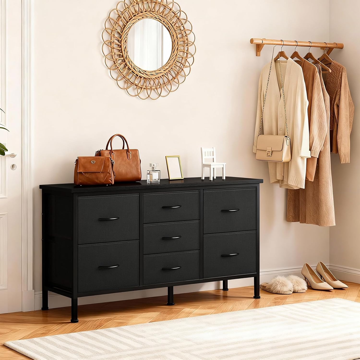 TV Stand 7 Drawer Dresser for Bedroom with Storage TV Stands for Living Room Black, Farmhouse Entertainment Center Media Console Table with Metal Frame Adjustable Feet