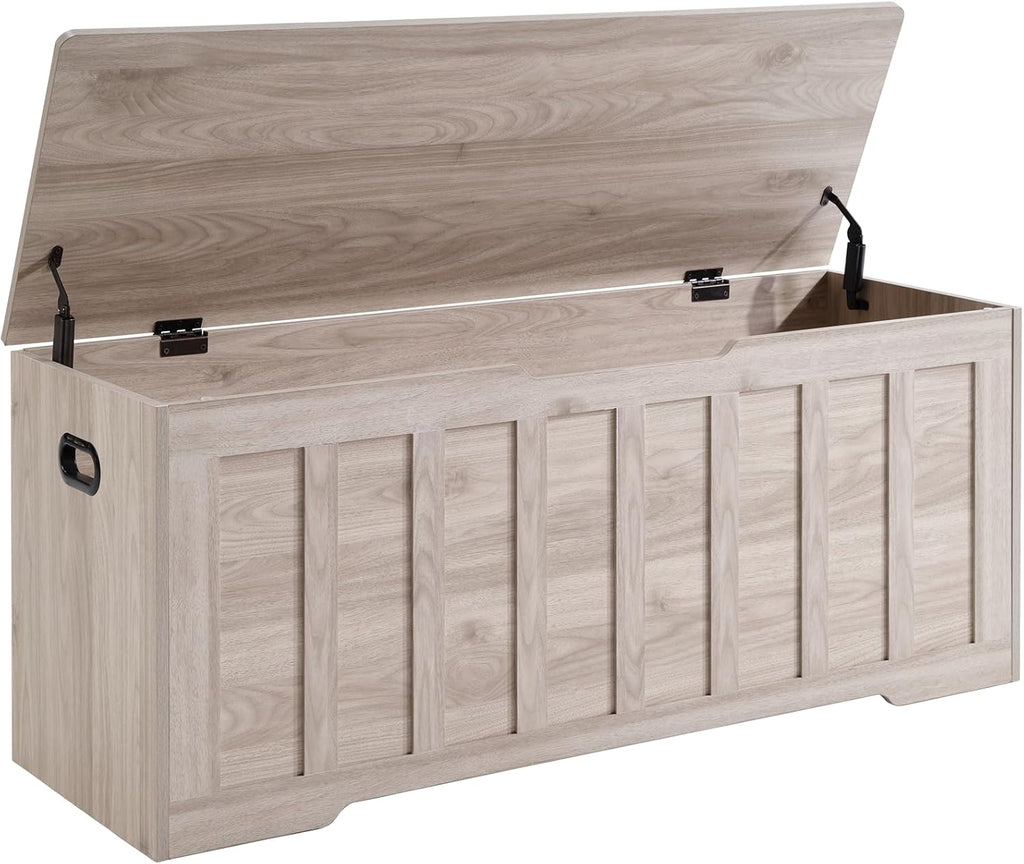 47.2 Extra Large Storage Bench with 2 Safety Gel-Buffered Hinges, Blanket Chest for Bedroom Living Room, Support 150lbs, 2 U-Shaped Cut-Out Pull, Non-Slip Base, Rustic Wood