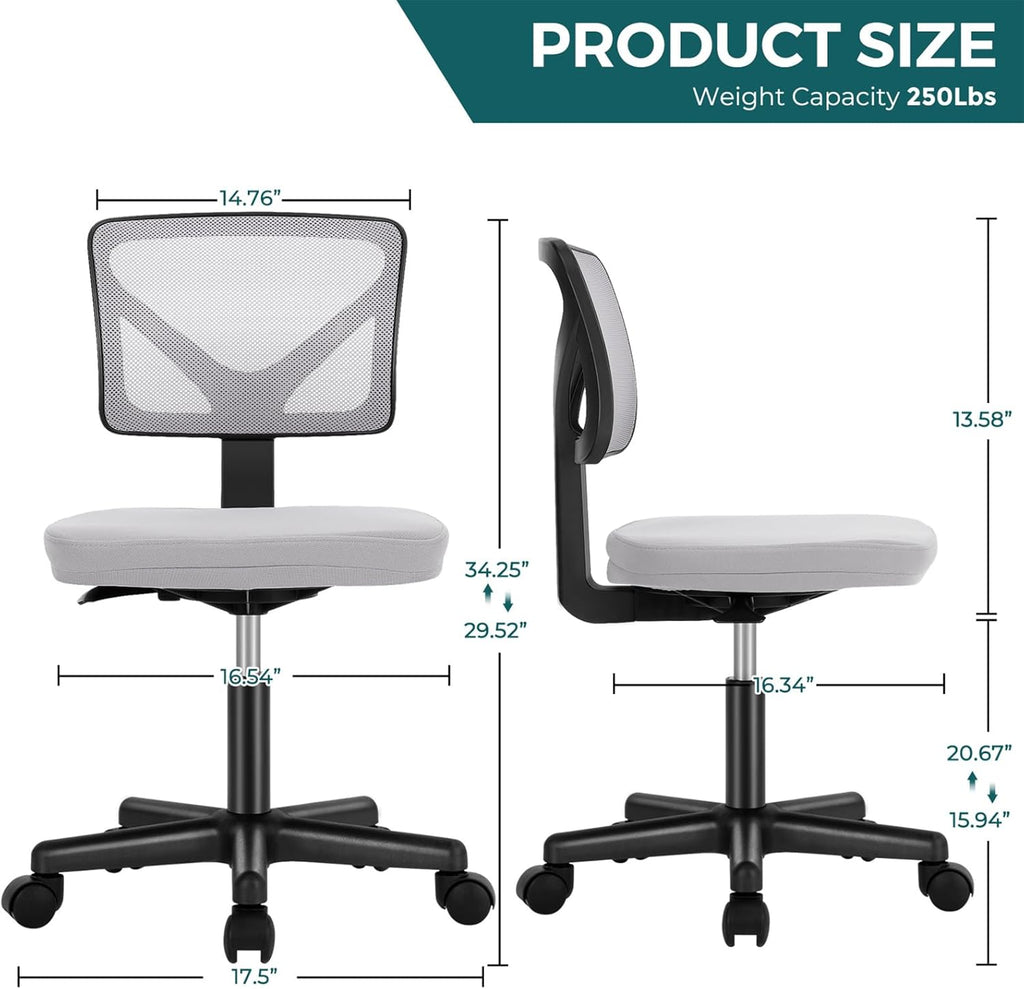 Small Office Chairs with Wheels, Ergonomic Adjustable Home Desk Swivel Rolling Task Chair No Arms, Comfy Mesh Mid Back Computer Work Vanity Desk Chairs for Small Spaces, New Grey