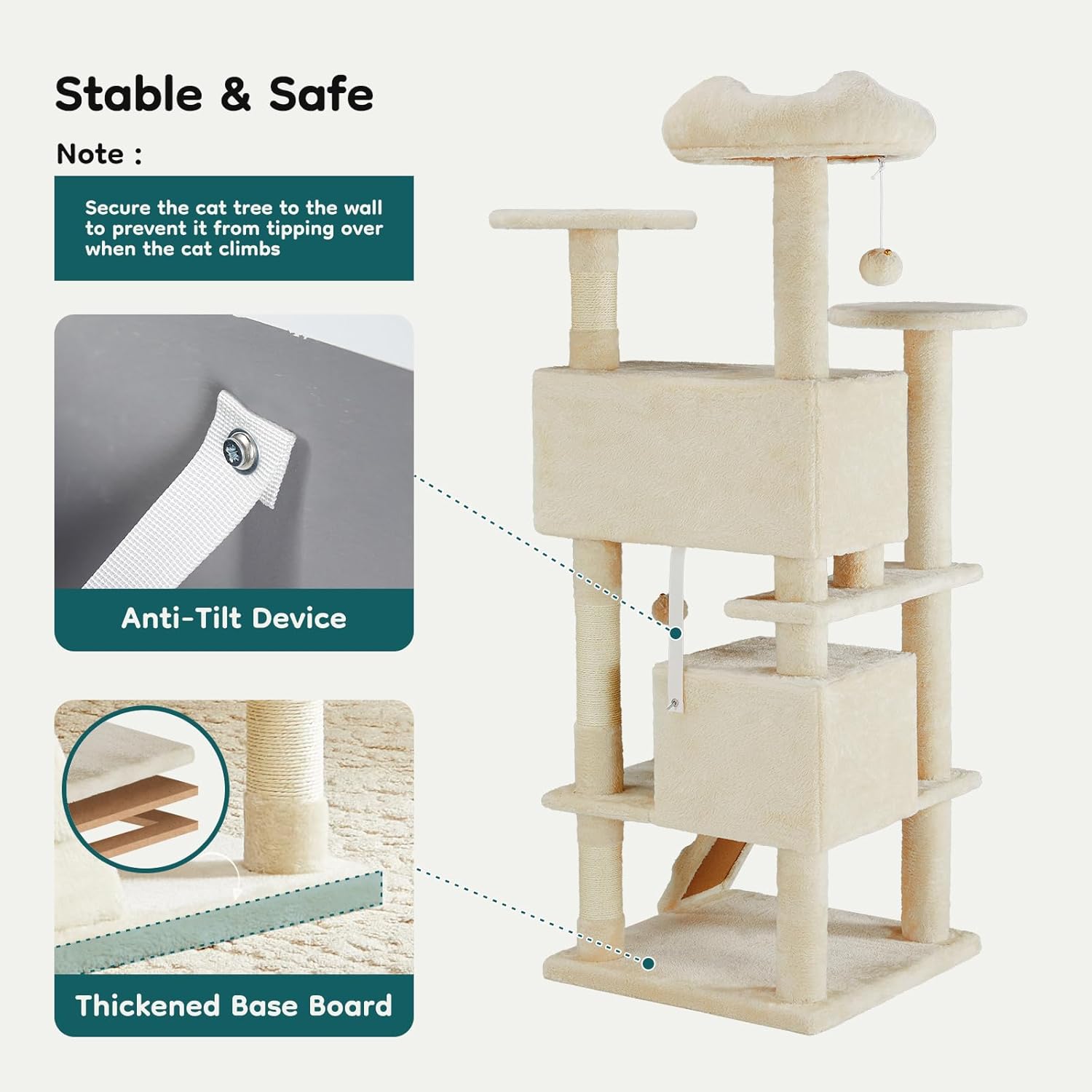 54-inch Indoor Cat Tree Tower ?CMulti-Level Pet House for Large Cats with 2 Condos, Scratching Posts, Round Platform, Small Ladder, and Toys, Beige