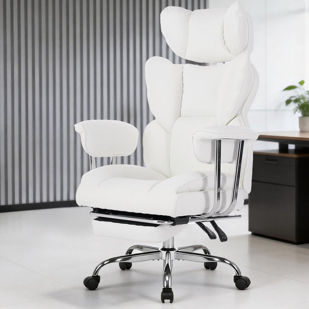 Big and Tall Office Chair 350 LBS, Scratch-Resistant PU Leather Executive Office Desk Chair with Footrest, Ergonomic Reclining Computer Chair with Pocket Spring Support for Home Office, White