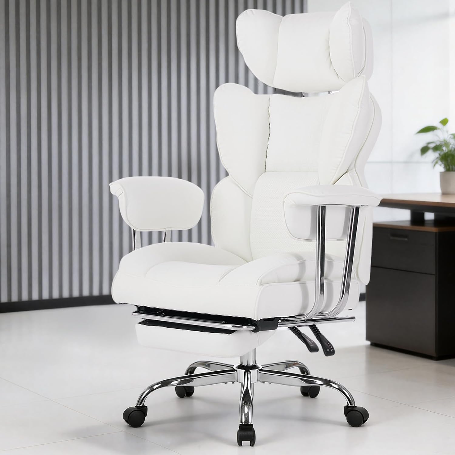 Big and Tall Office Chair 350 LBS, Scratch-Resistant PU Leather Executive Office Desk Chair with Footrest, Ergonomic Reclining Computer Chair with Pocket Spring Support for Home Office, White