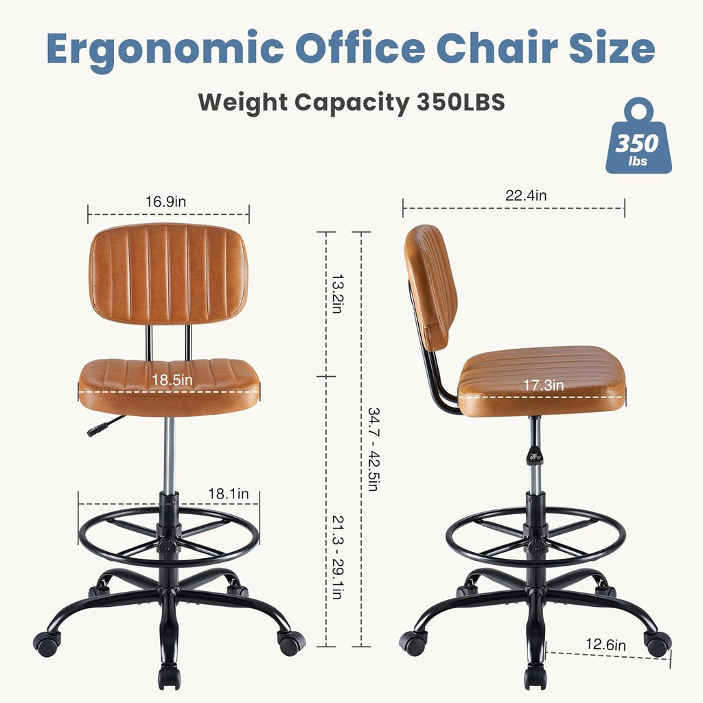 Armless Drafting Chair, Low Back Office Seat with Adjustable Footrest Ring for Standing Desk, Ergonomic PU Leather Office Seating, Swivel Rolling High Stool for Studio, Lab, Counter, Brown