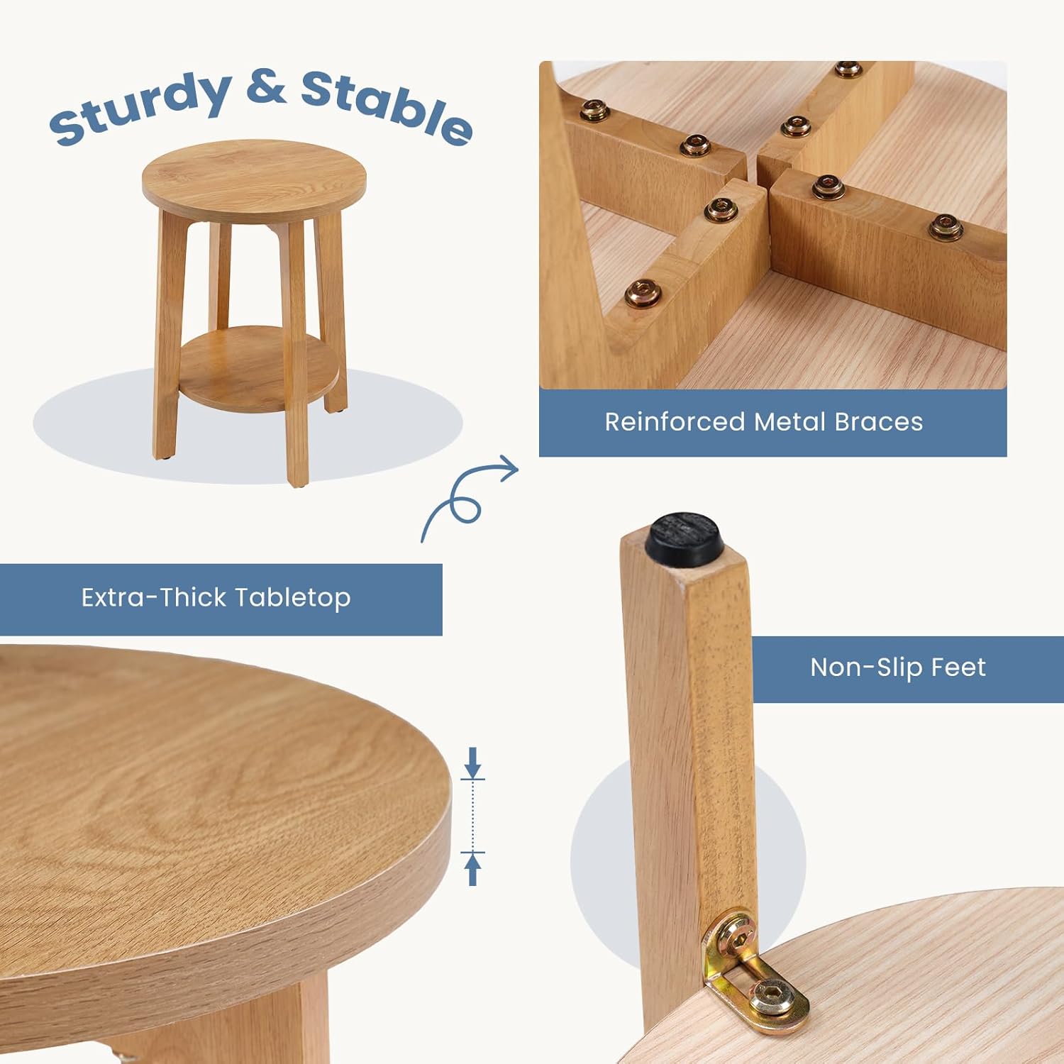 Small Round Side Table for Living Room, 2-Tier Wood End Table with Storage Shelf, 220 Lbs, Sturdy Bedside Nightstand with Non-Slip Pads, Easy Assembly, Natural Wood