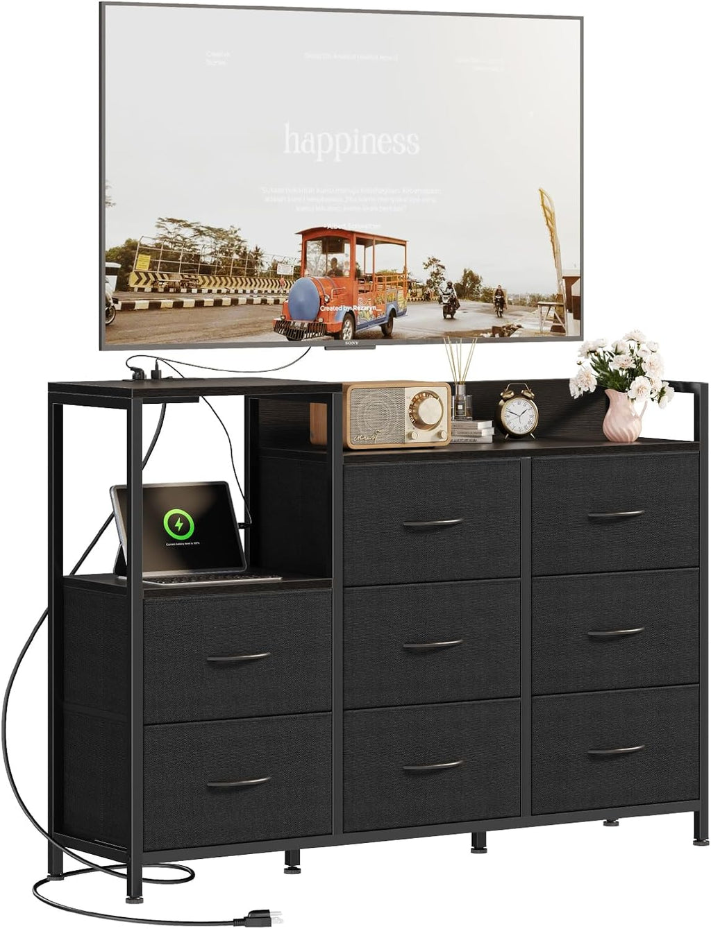TV Stand Dresser with 8 Fabric Drawers and Open Shelves, LED Entertainment Center with Charging Station, Wood Top Media Console for 45-55 inch, Bedroom, Greige Oak
