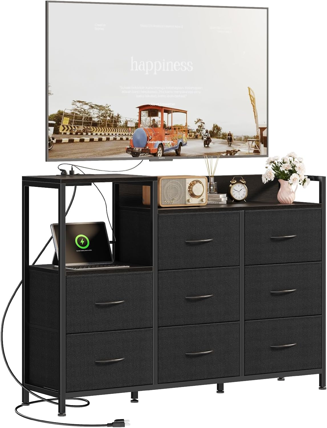 TV Stand Dresser with 8 Fabric Drawers & Open Shelves, TV Stand for Up to 45 inch TV with Wooden Top, Entertainment Center with Charging Station for Living Room, Hallway, White