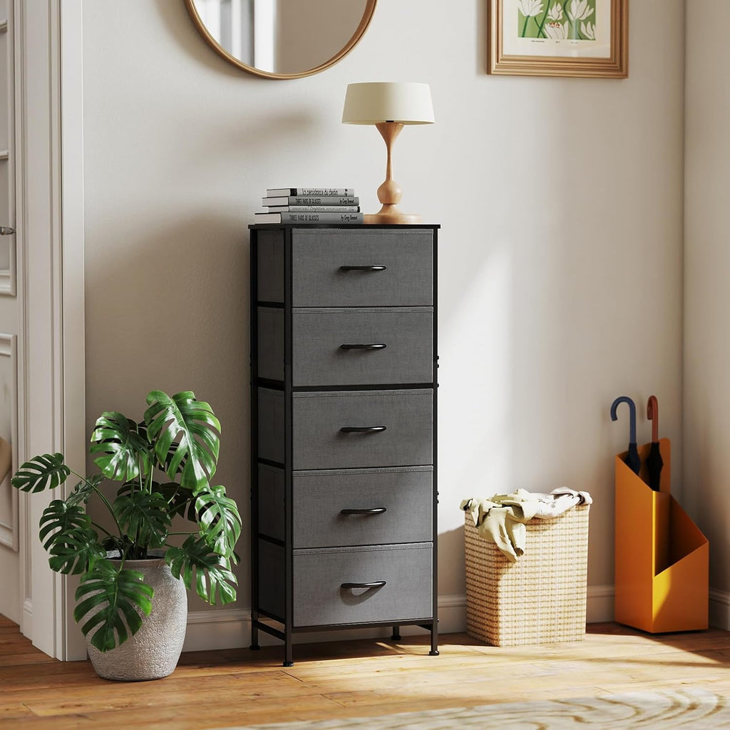 TV Stand Dresser with 5 Fabric Storage Drawers, Media Console Featuring Open Shelf for 45 inch TV, Compact Entertainment Unit for Bedroom, Living Space, or Dorm Organization, Light Grey