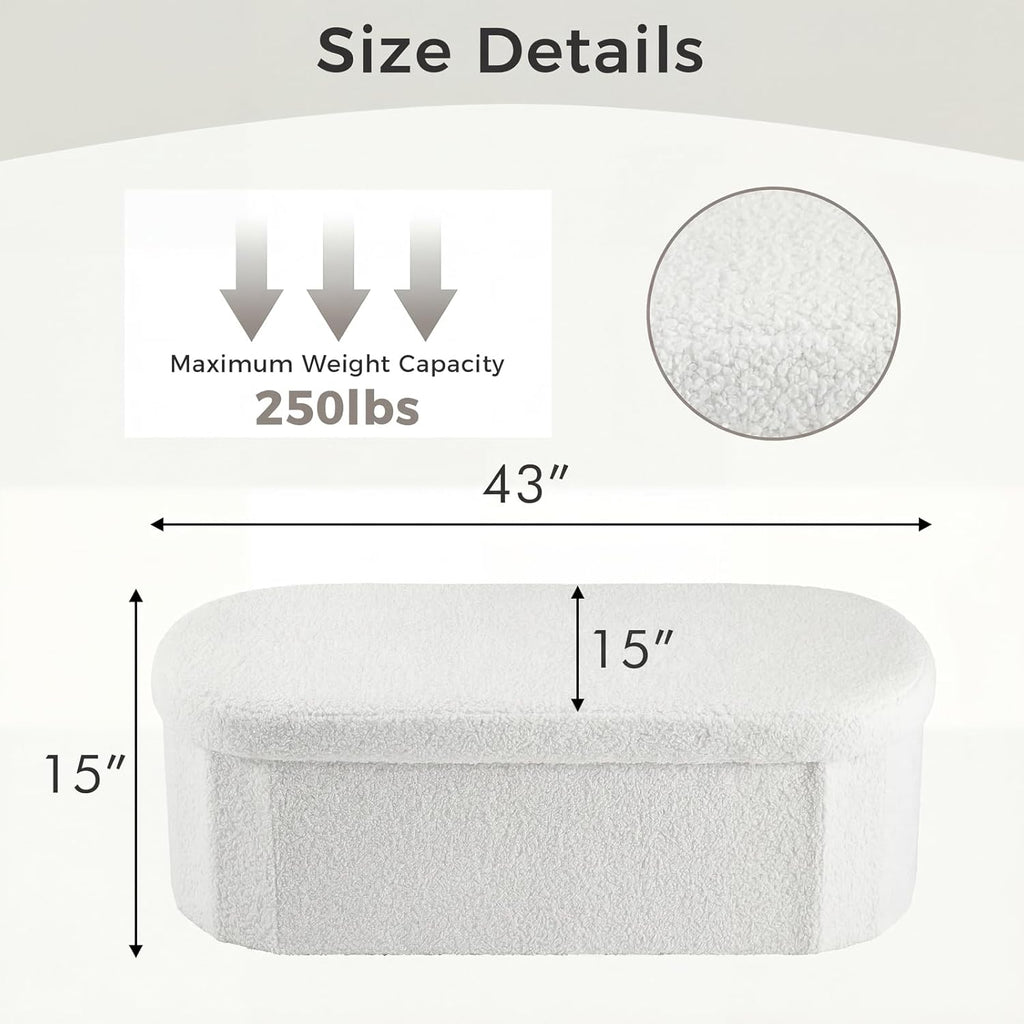 43 inches Folding Storage Ottoman Bench, Oval Round Ottoman End of Bed Foot Rest Bench Stool with Cushion, Storage Chest for Bedroom, Living Room, Entryway, White