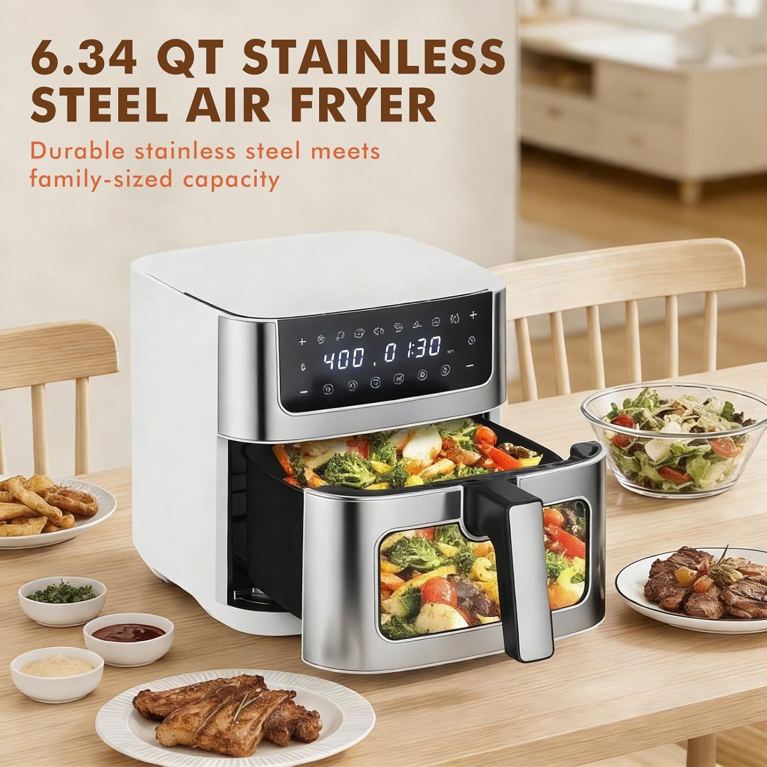 6.34QT Air Fryer with Window, 8 Food Presets with 400??F Max Heat, 90-Min Timer, Nonstick Dishwasher-Safe Basket for Air Fry, Roast, Reheat, Bake, Stainless Steel, White