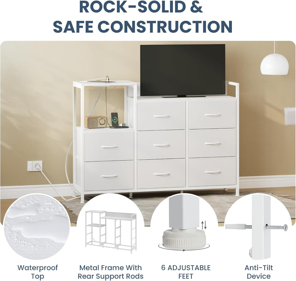 TV Stand Dresser with 8 Fabric Drawers & Open Shelves, TV Stand for Up to 45 inch TV with Wooden Top, Entertainment Center with Charging Station for Living Room, Hallway, White