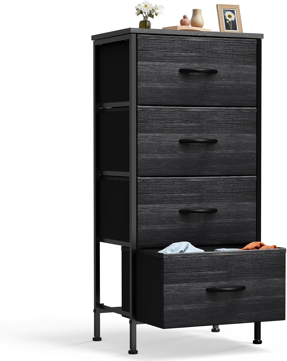 Nightstand with 4 Drawers Bedside Table with Removable Fabric Bins Sturdy Steel Frame Wood Top Organizer Furniture for Bedroom Closet Living Room