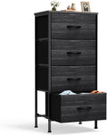 Nightstand with 4 Drawers Bedside Table with Removable Fabric Bins Sturdy Steel Frame Wood Top Organizer Furniture for Bedroom Closet Living Room,Black Wood Grain
