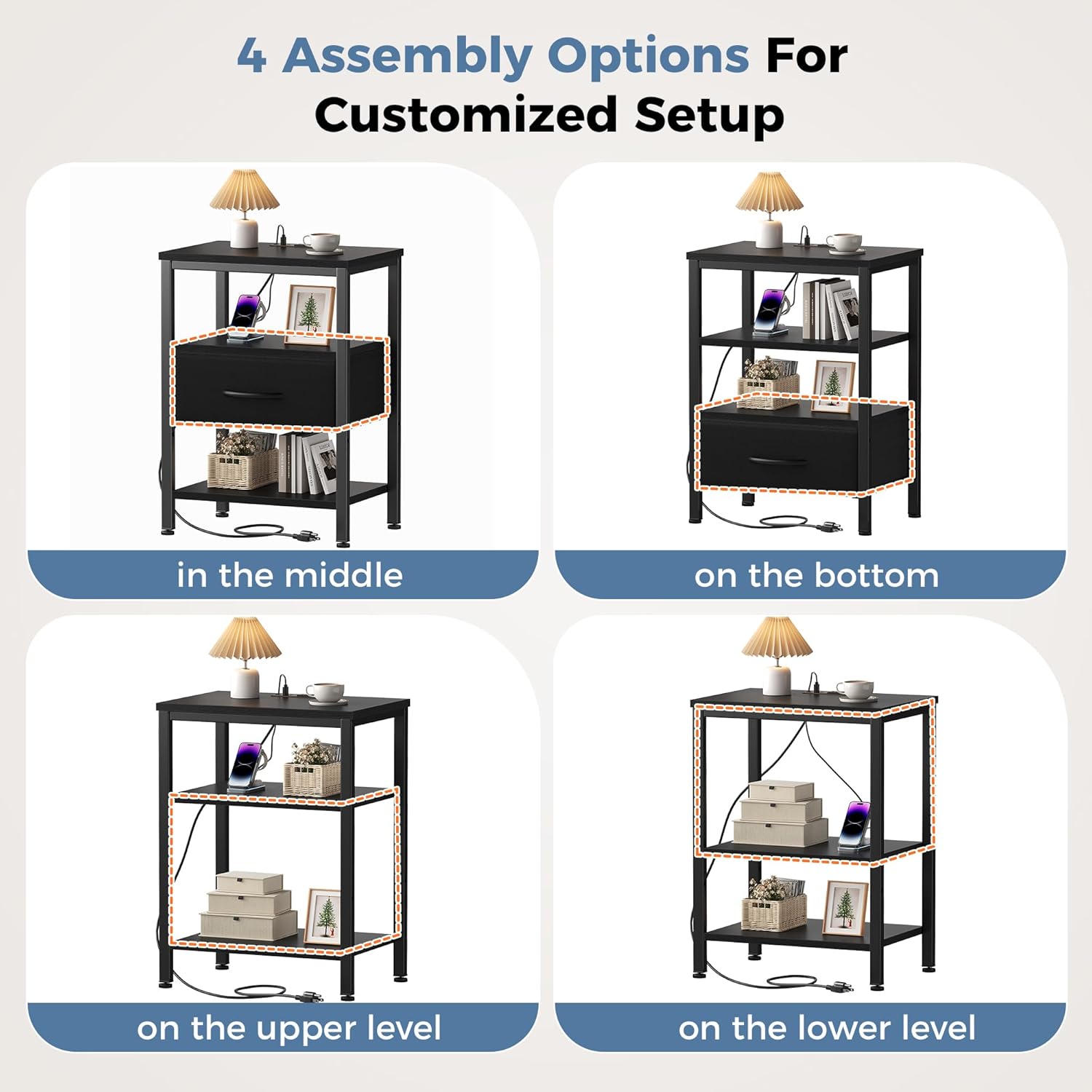 Nightstands Set of 2 with Charging Station, Bedside Table with USB Ports & Type-C, 2 Fabric Drawers Night Stand with Open Shelf, Compact End Table for Bedroom, Rustic Brown