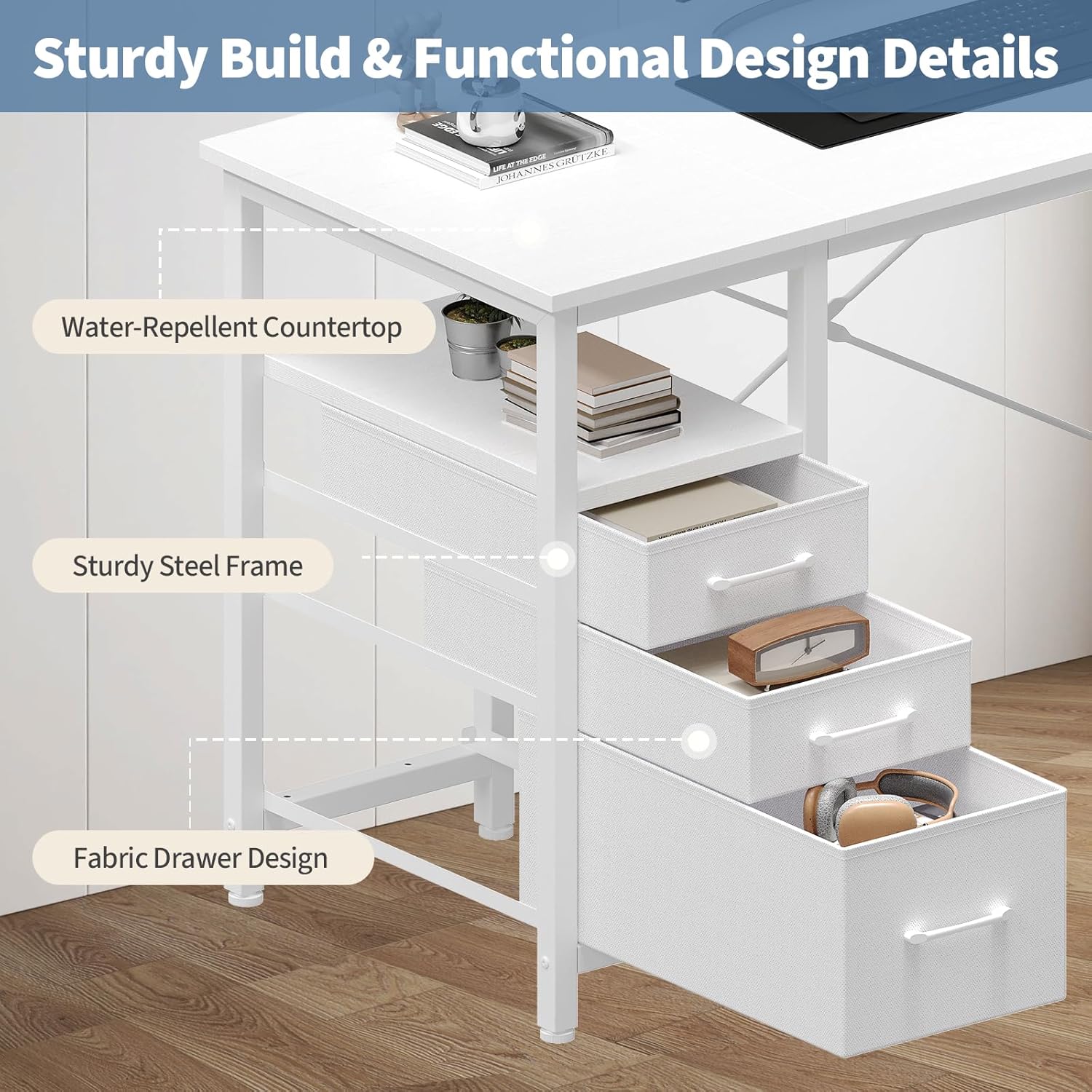 39 Computer Desk with Storage, Small Home Office Desk with 3 Fabric Drawers & Side Pocket, Space Saving Writing Desk for Apartment, Dorm, Gaming Workstation, White