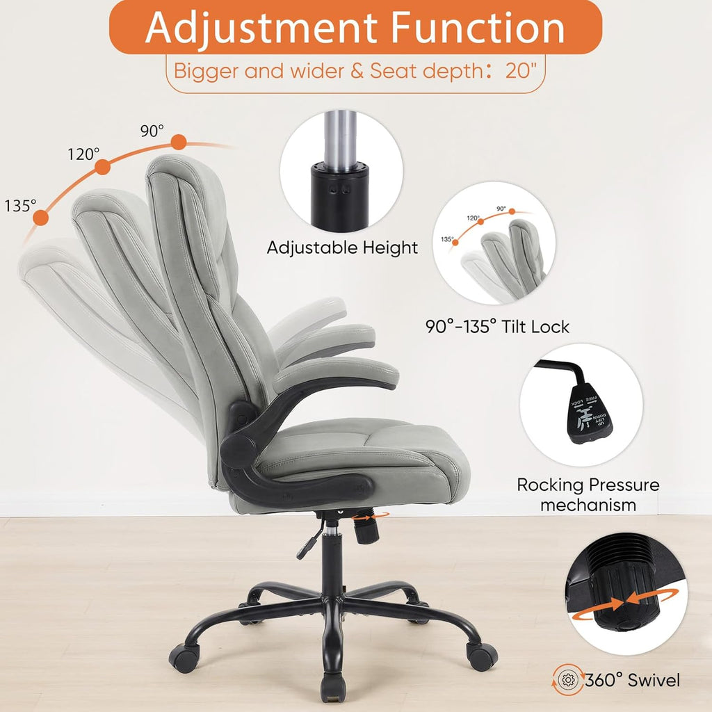 Office Computer Gaming Chair, Ergonomic High Back Heavy Duty Task Desk Chairs with Wheels, Flip-up Arms, Adjustable Height, PU Leather, Grey