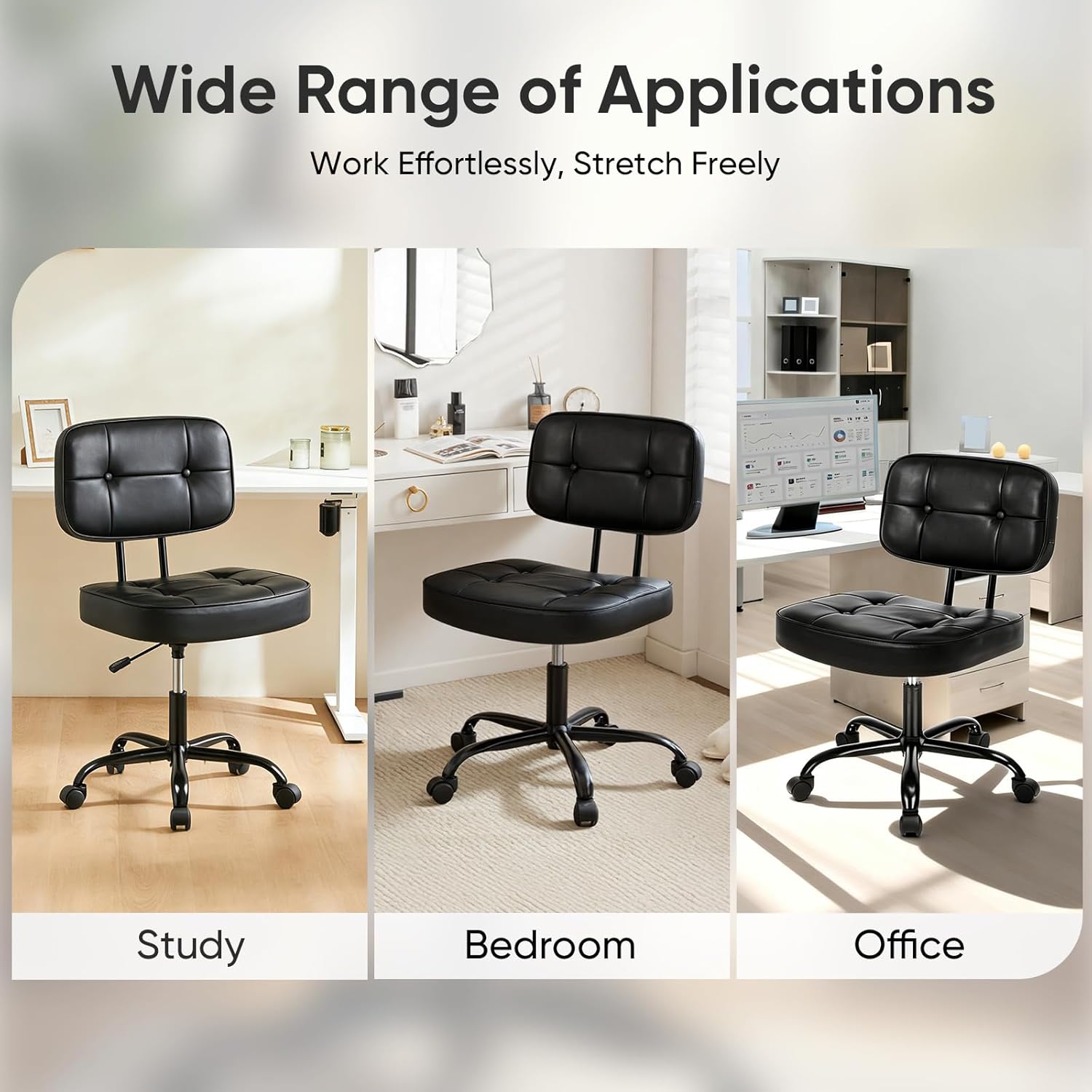 Home Office Desk Chair - Ergonomic Armless PU Leather Computer Rolling Task Chair??with Comfy Lumbar Support and Height Adjustable, Vanity, Bedroom, Black