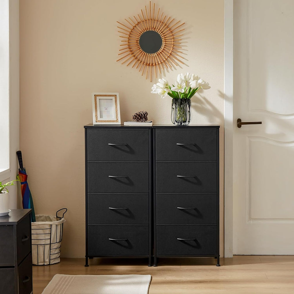 Nightstand with 4 Drawers Bedside Table with Removable Fabric Bins Sturdy Steel Frame Wood Top Organizer Furniture for Bedroom Closet Living Room
