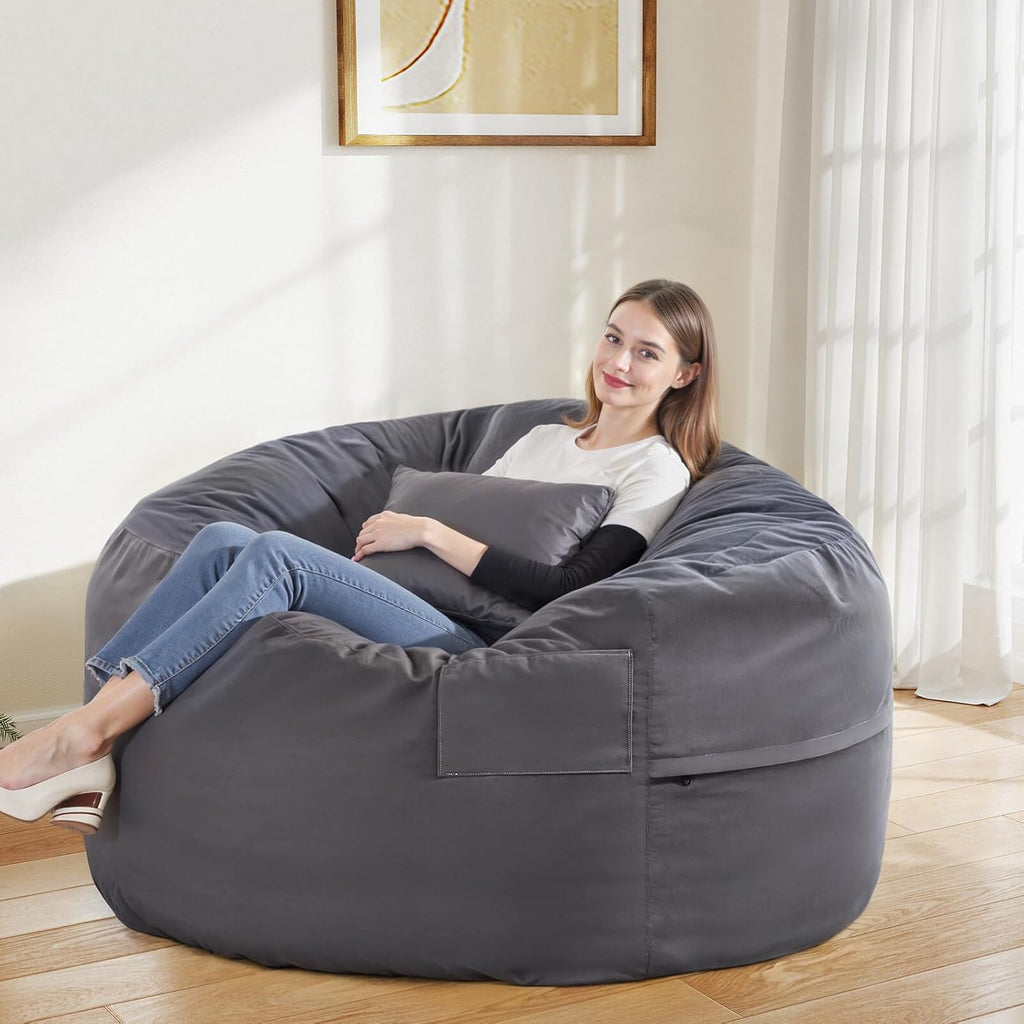 4FT Bean Bag Chair Beanbag for Adults and Kids Oversized Lazy Sofa Living Room Furniture with Removable Washable Cover Giant Comfy Gaming Chair Round Couch for Bedroom Dorm, Dark Grey