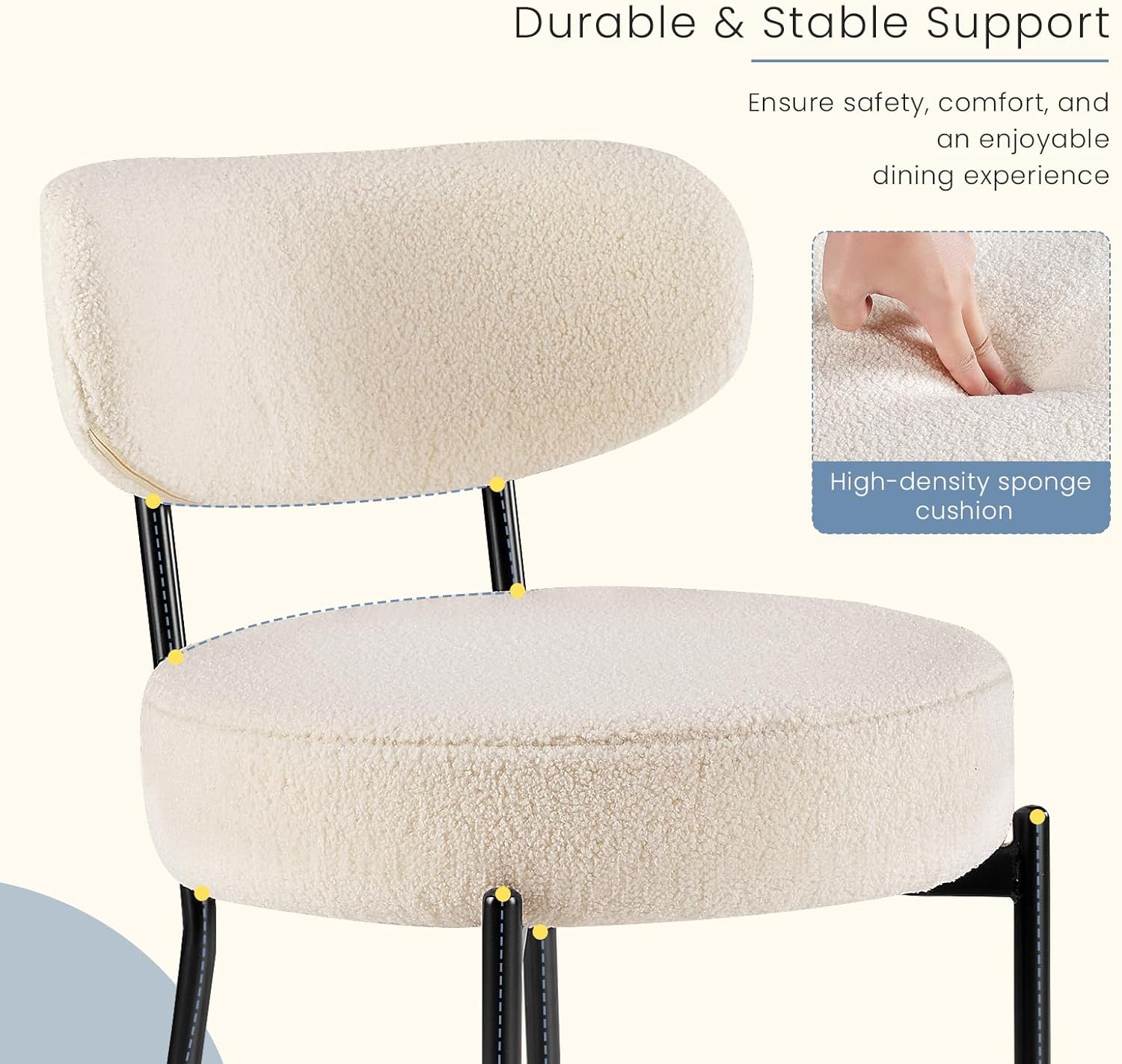 Dining Chairs Set of 2, Mid Century Modern Chair Round Upholstered Curved Backrest, Kitchen Vanity Living Room Chairs with Black Metal Legs??Ivory White
